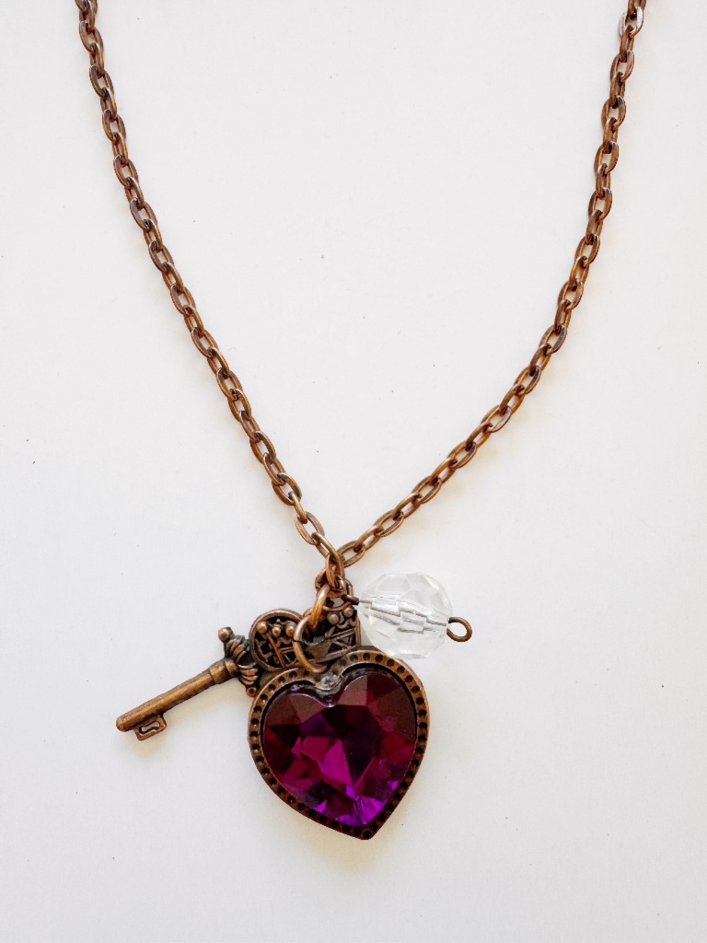 Vintage Heart Crystal Pendant Necklace Key Charm Copper Tone Chain